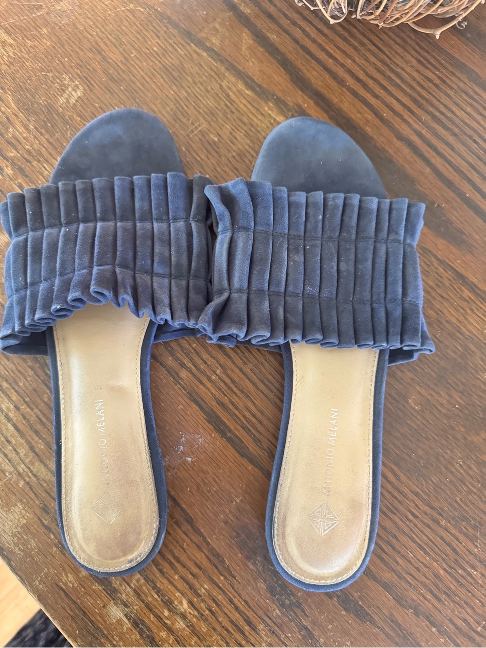 ANTONIO MELANI Navy Ruffle Slide Mules